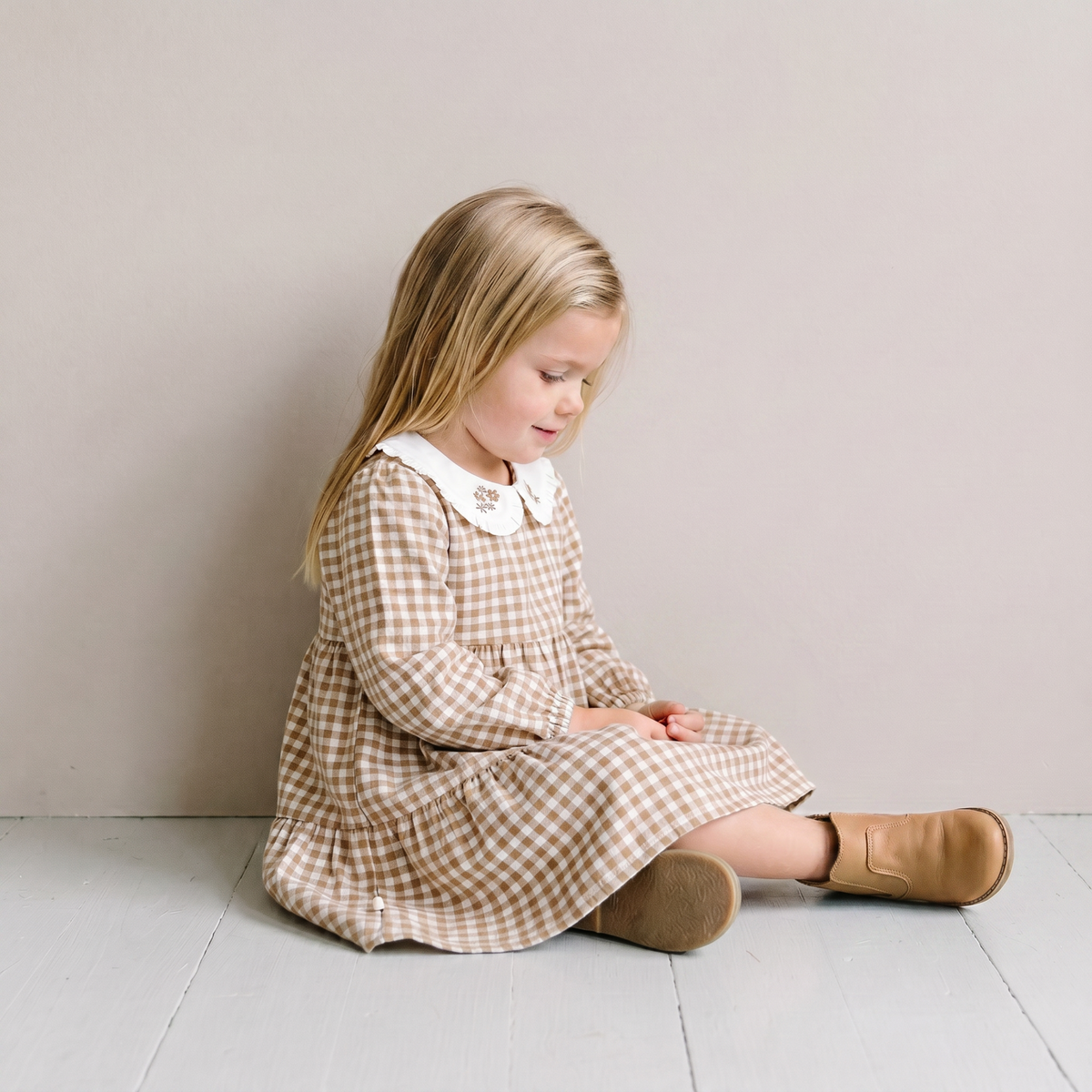 Organic Collar Tiered Dress - Oat Gingham