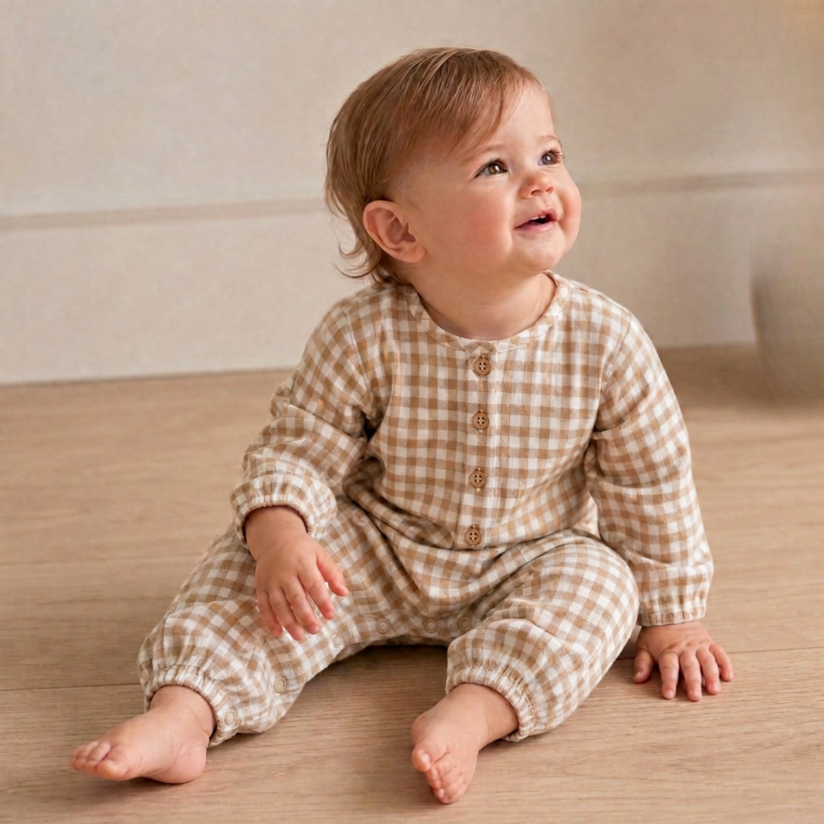 Organic Long Sleeve Button Romper - Oat Gingham