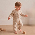 Organic Long Sleeve Button Romper - Oat Gingham