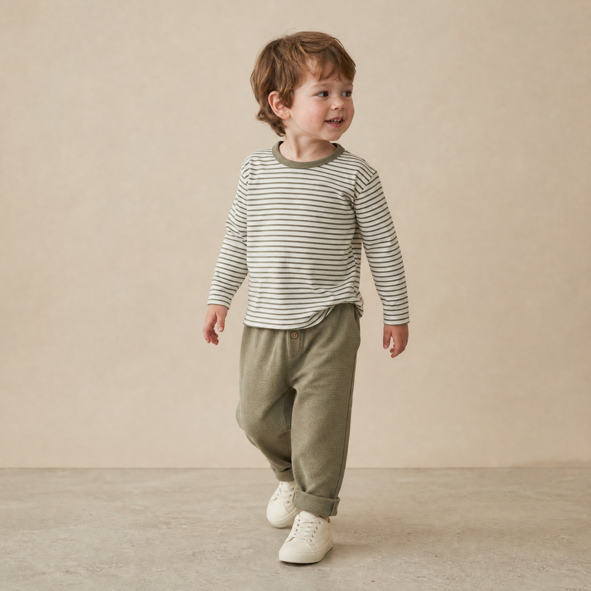 Organic Tee & Foldover Pants Set - Olive Stripes