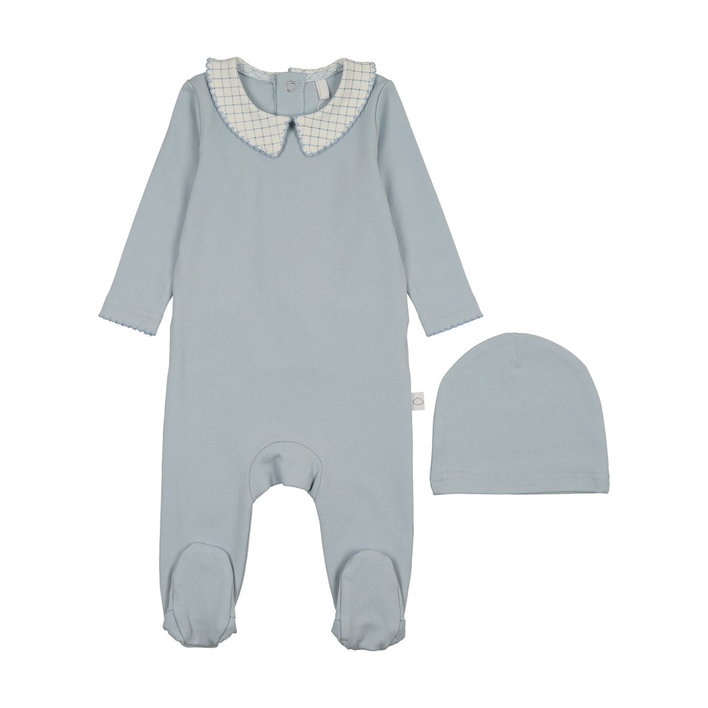 Printed Collar Footie-Dusty Blue